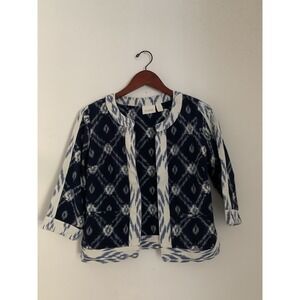 Chico's Artisan Open Front Jacket Sz 0 (4) Ikat Jacquard 3/4 Sleeve Blue Cotton